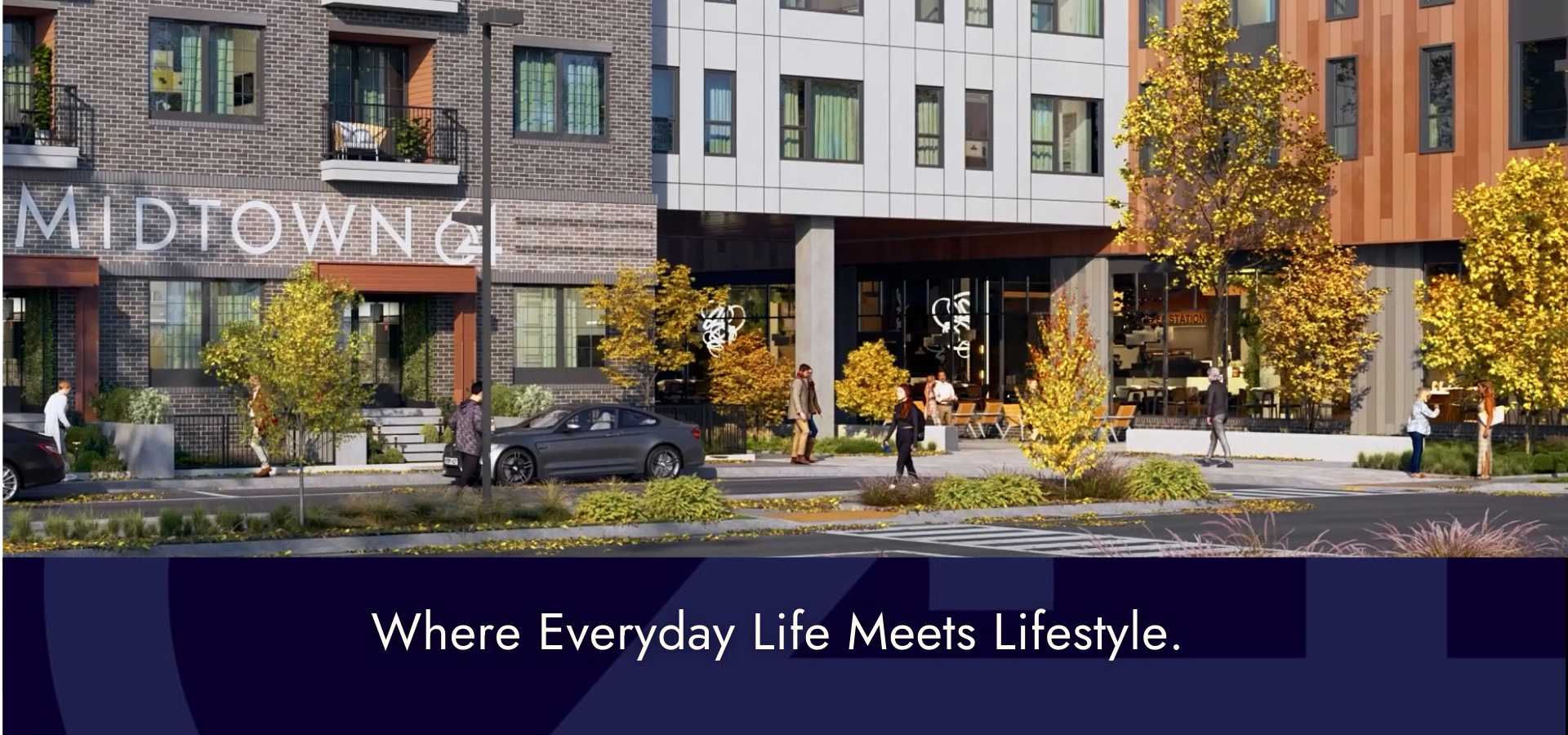 Midtown 64 building with entrance and street parking